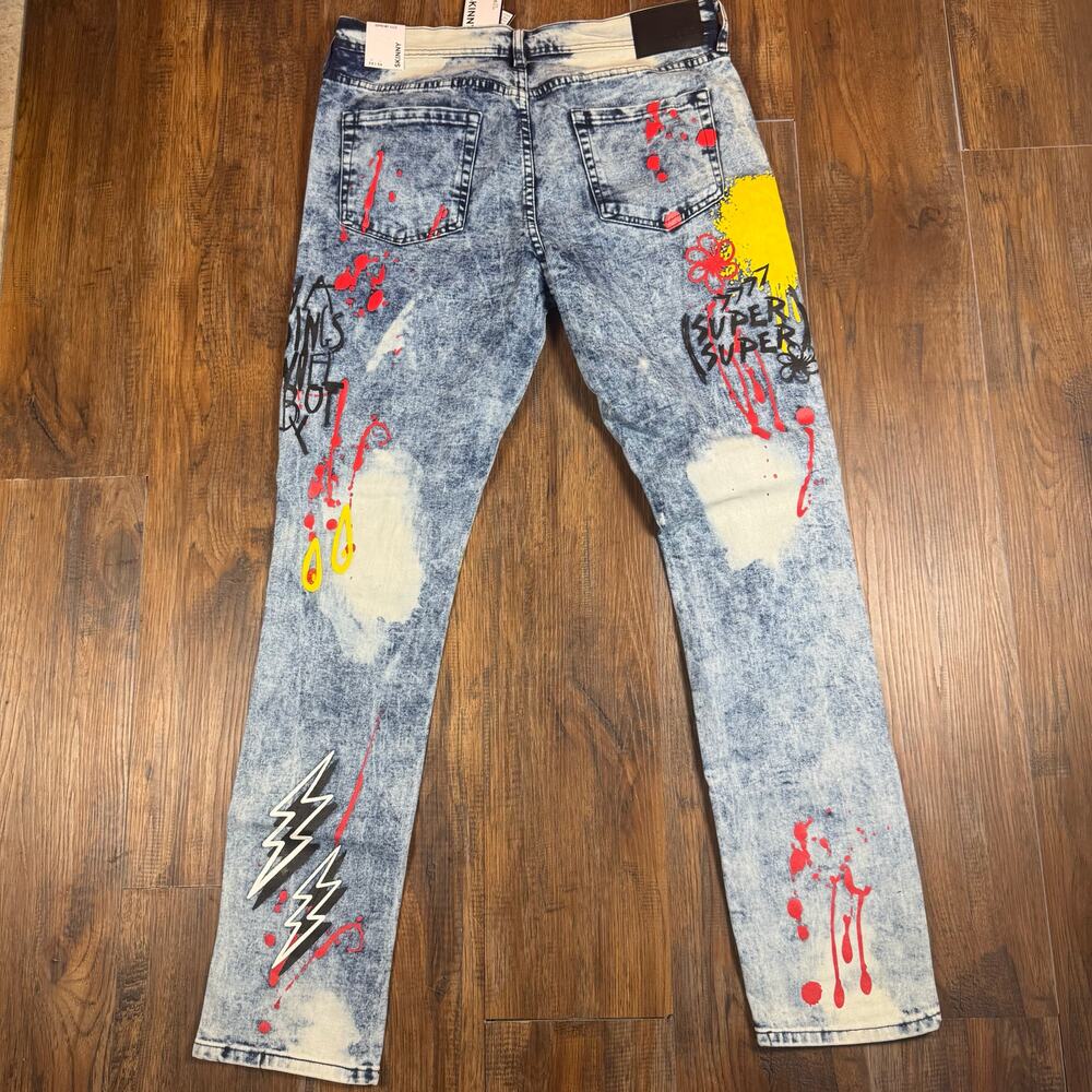 Rue 21 34 x 34 Premium Supreme Flex Skinny jean graffiti paint acid wash - Picture 2 of 13